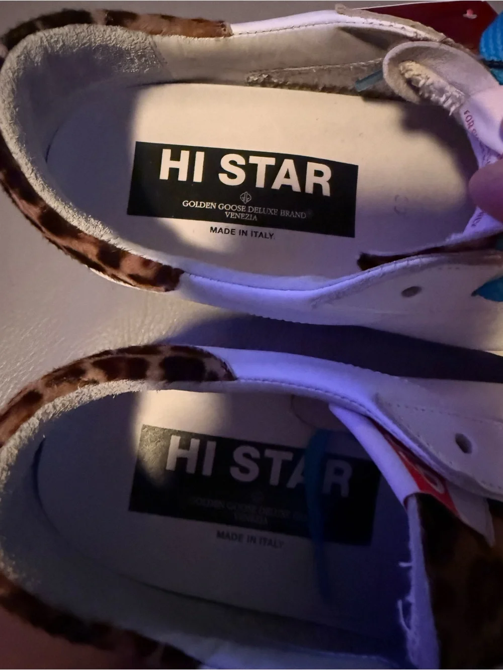 Golden Goose Hi Star Leopard Accent Sneakers with Blue Laces